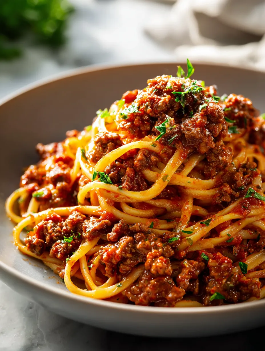 Un bol de spaghettis nappés d’une sauce à la viande.