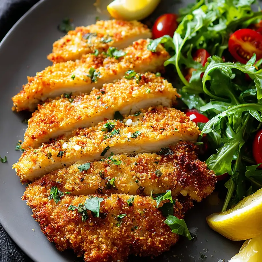 Une assiette avec du poulet, tomates, feuilles vertes et une tranche de citron.