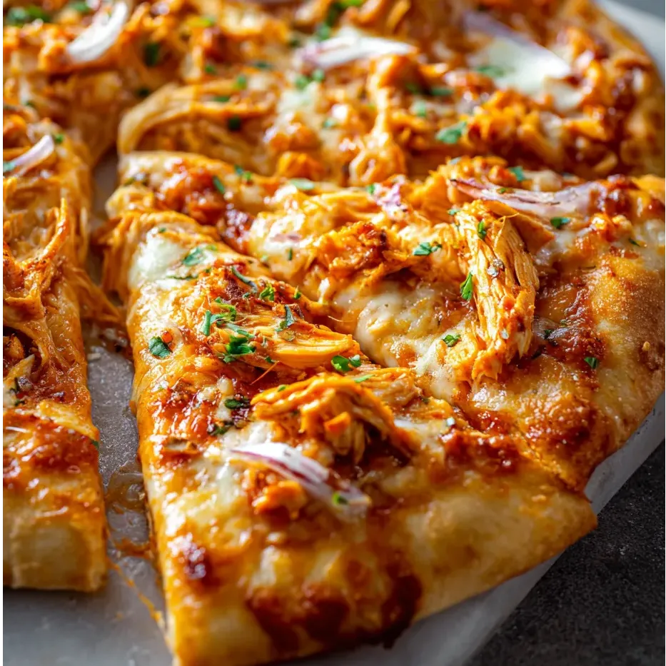Une part de pizza avec poulet et oignons.