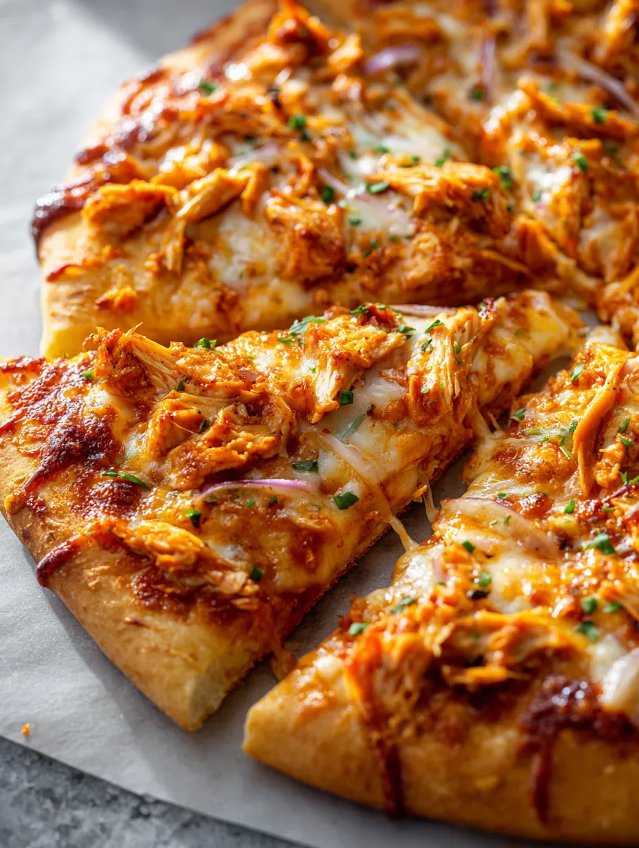 Une part de pizza fondante avec du poulet et du fromage dessus.