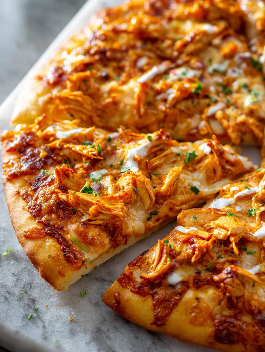 Une part de pizza fondante avec du poulet et du fromage dessus.