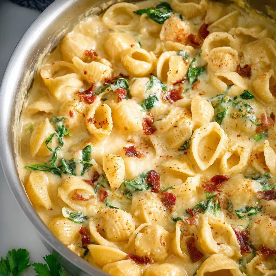 Un bol de pâtes aux fromages et bacon.