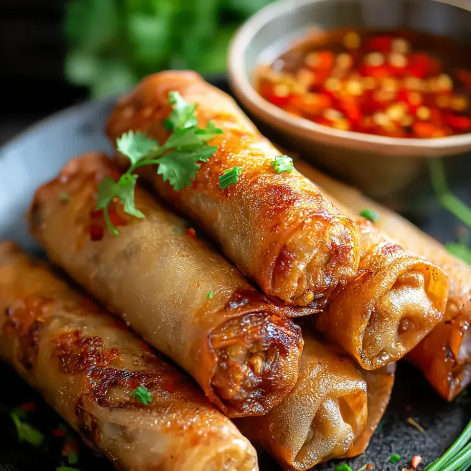 Un bol de sauce posé à côté d’une assiette de petits rouleaux croustillants.