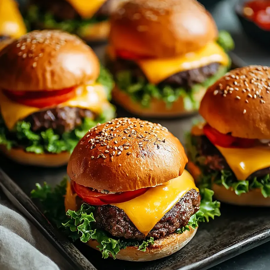 Plusieurs burgers sur un plateau garni de salade et tomate.