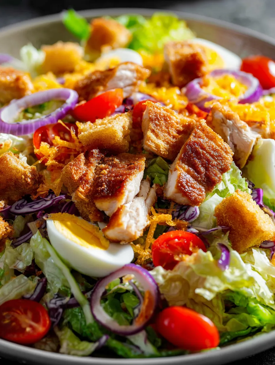 Une assiette de salade avec du poulet, tomates, salade et œufs.