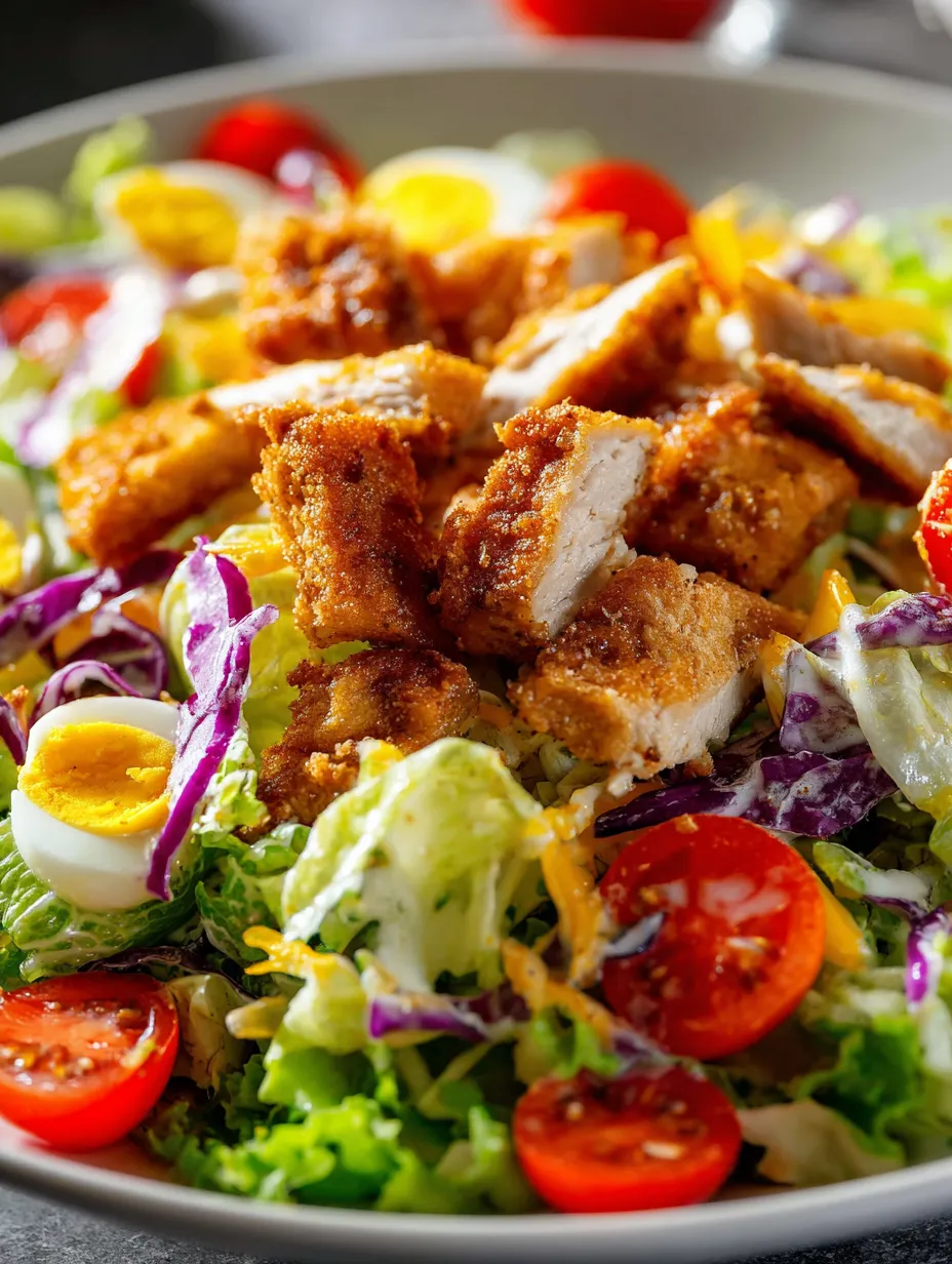 Une assiette de salade avec du poulet, tomates, salade et œufs.