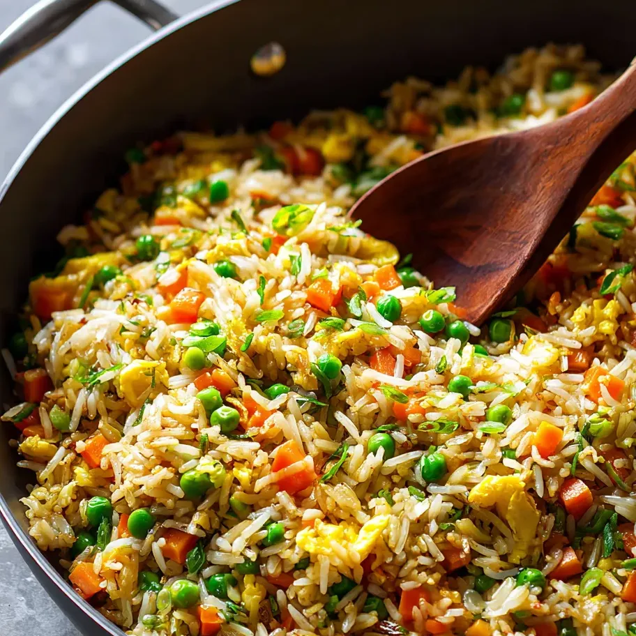 Une cuillère en bois dans une poêle de riz avec des légumes.