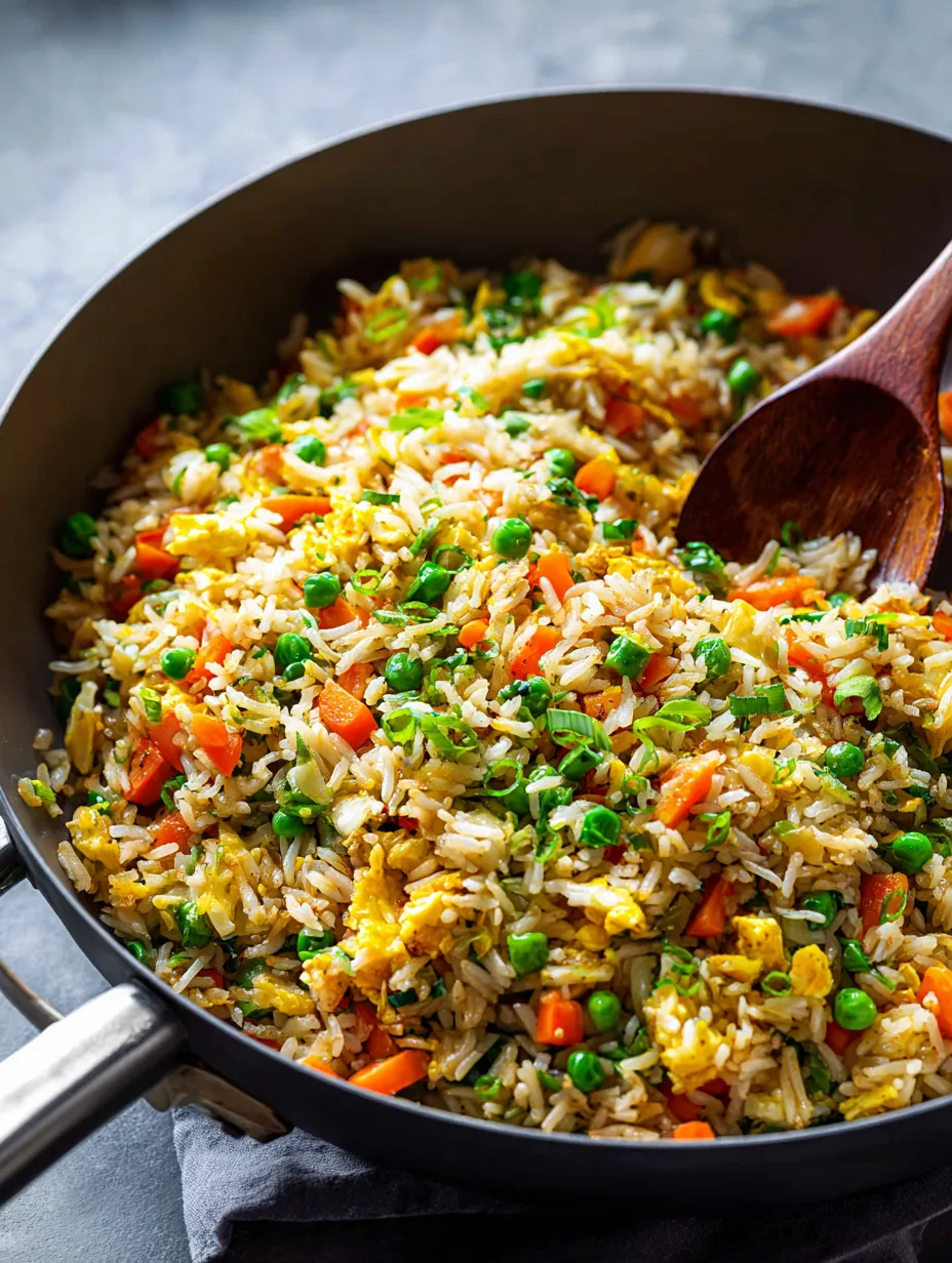 Poêle remplie de riz avec petits pois et carottes.