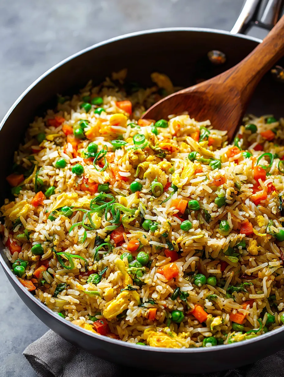 Poêle remplie de riz avec petits pois et carottes.