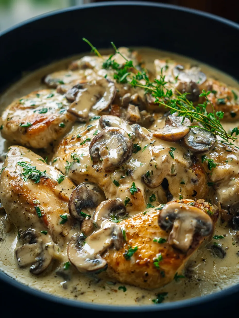 Poulet aux champignons et fines herbes.