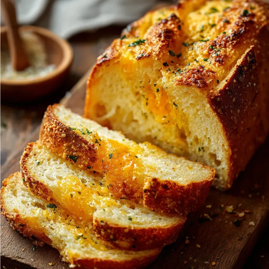 Tranche de pain avec herbes et fromage gratiné dessus.