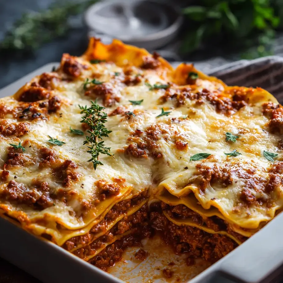 Une assiette de lasagnes avec viande et fromage fondu.