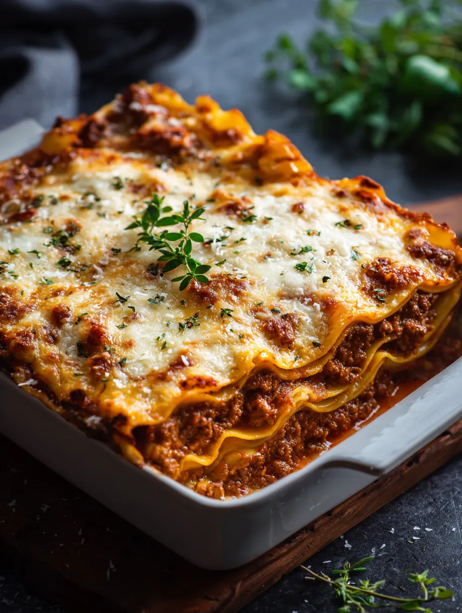 Un plat carré blanc où trône une belle lasagne dorée.