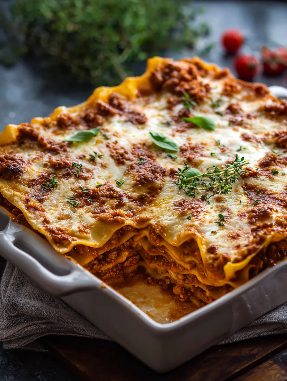 Un plat de lasagnes avec du fromage gratiné et des herbes fraîches.