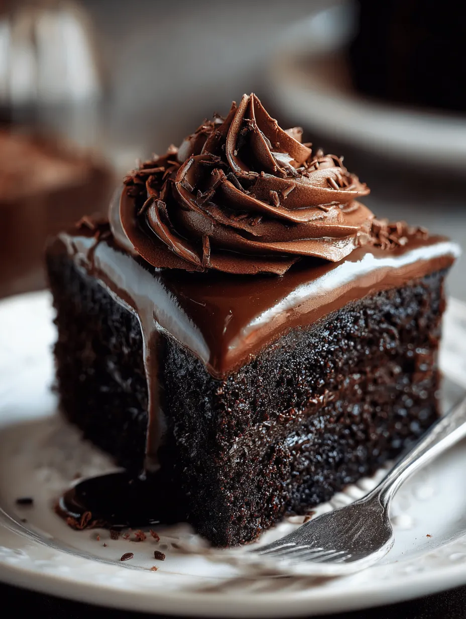 Portion de gâteau au chocolat bien brillante et fondante.