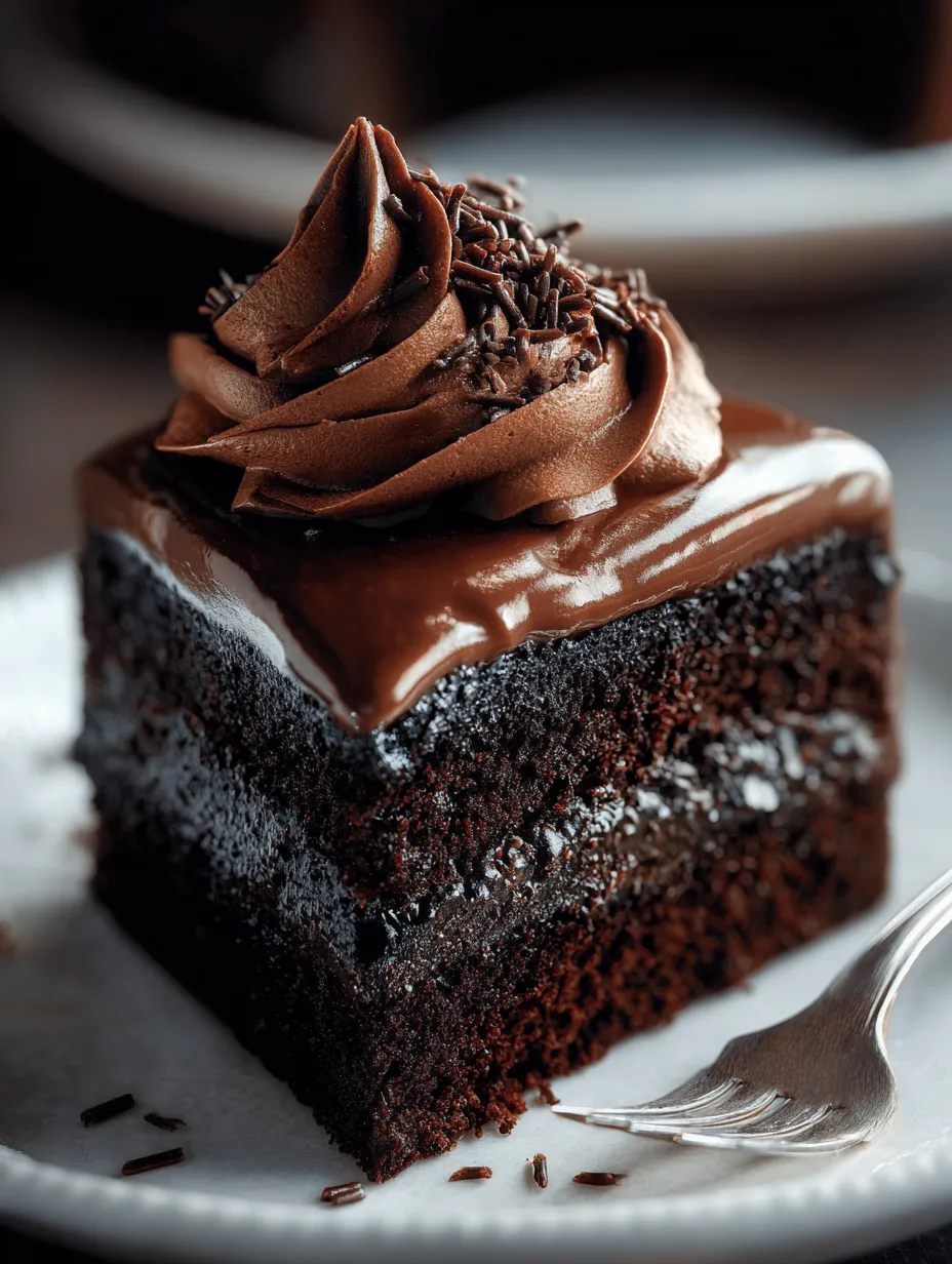 Une grosse part de gâteau chocolat avec un glaçage brillant et des vermicelles sur le dessus.