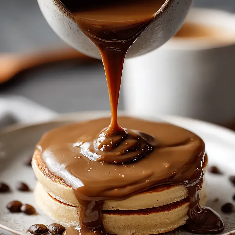 Sirop chocolaté qui coule sur une crêpe.
