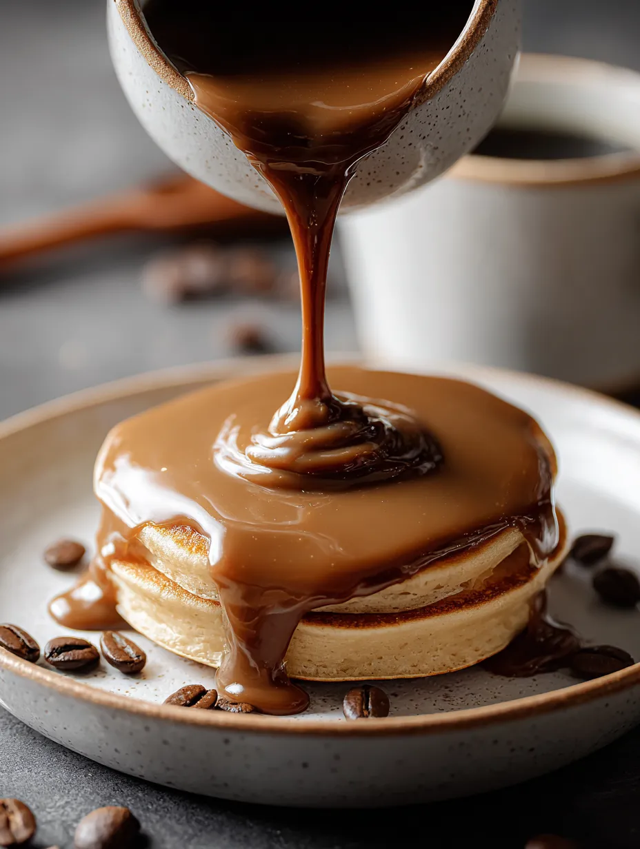 Du sirop chocolaté dégouline d'une cuillère sur une pile de pancakes.