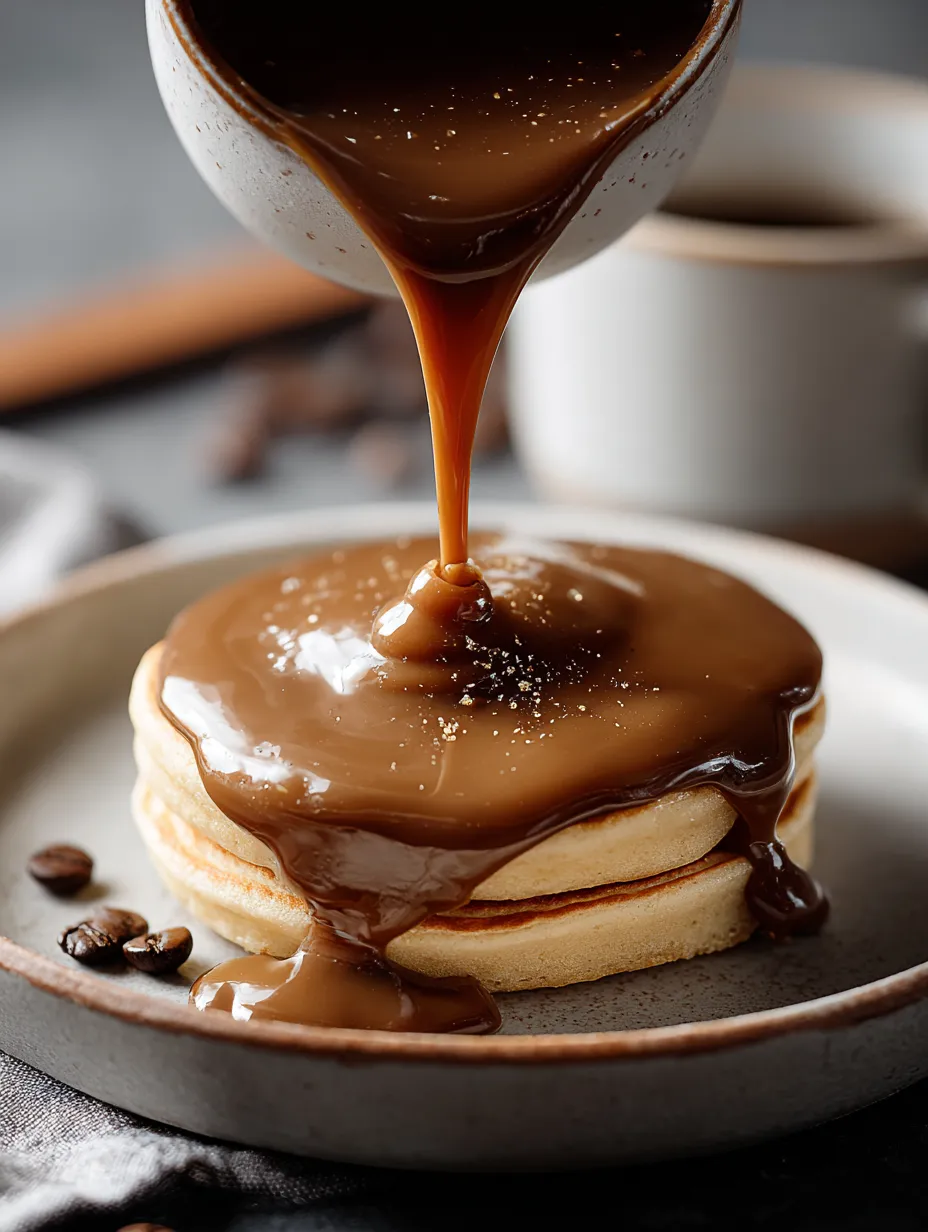 Du sirop chocolaté qui coule sur une pile de pancakes.