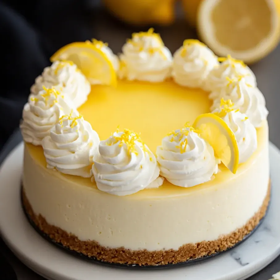Une part de cheesecake au citron avec un quartier de citron dessus.