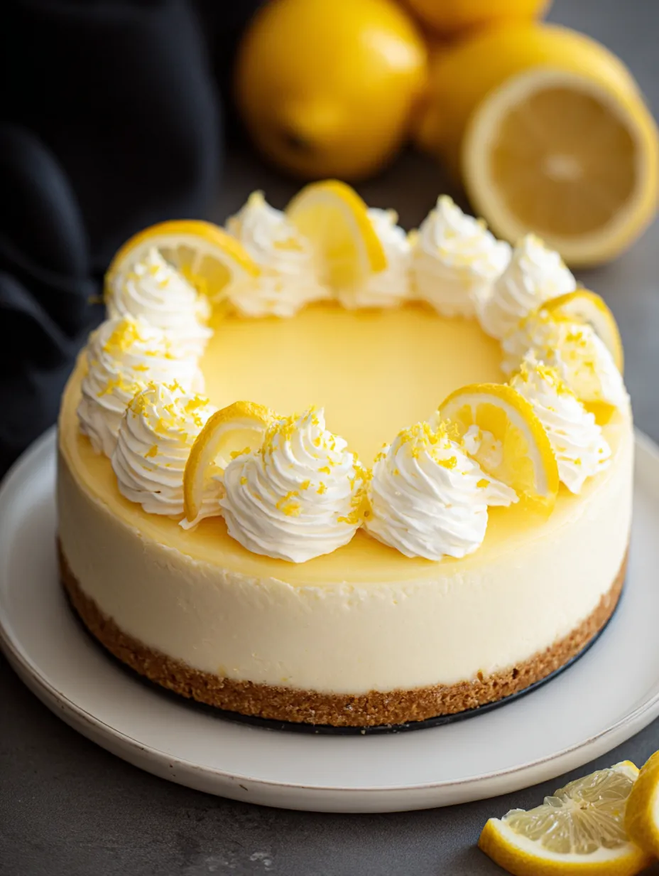 Une tranche de cheesecake au citron garnie de rondelles de citron.
