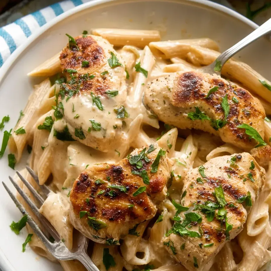 Une assiette de pâtes au poulet.