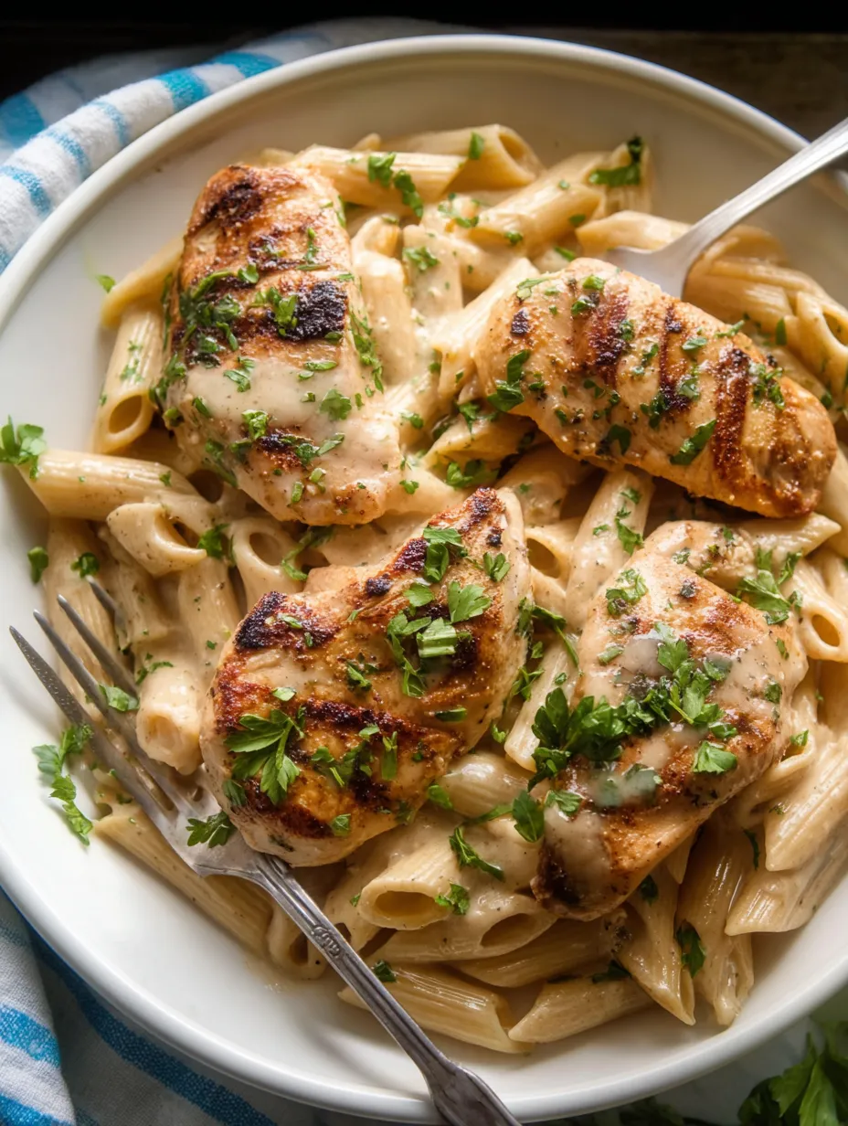 Une assiette remplie de pâtes et poulet.