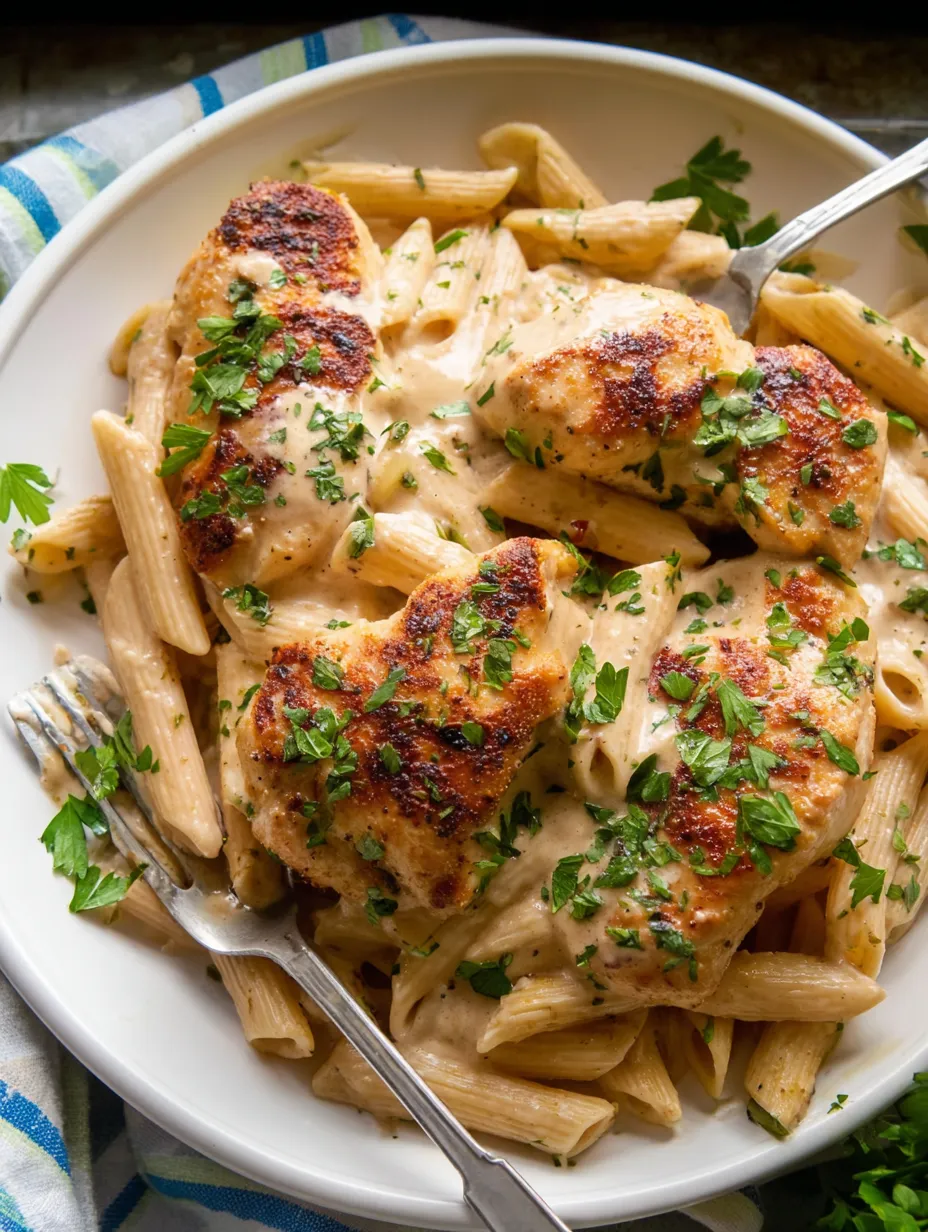 Une assiette remplie de pâtes et poulet.