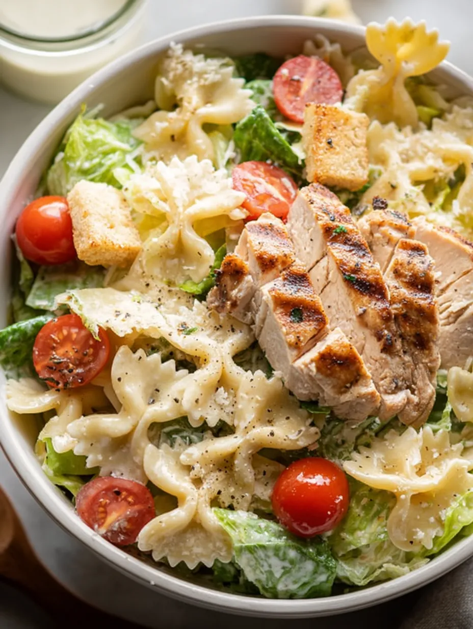 Saladier de pâtes avec poulet et tomates.