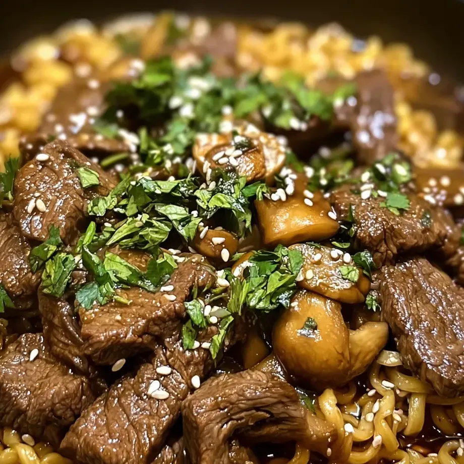 Un bol de bœuf et champignons.