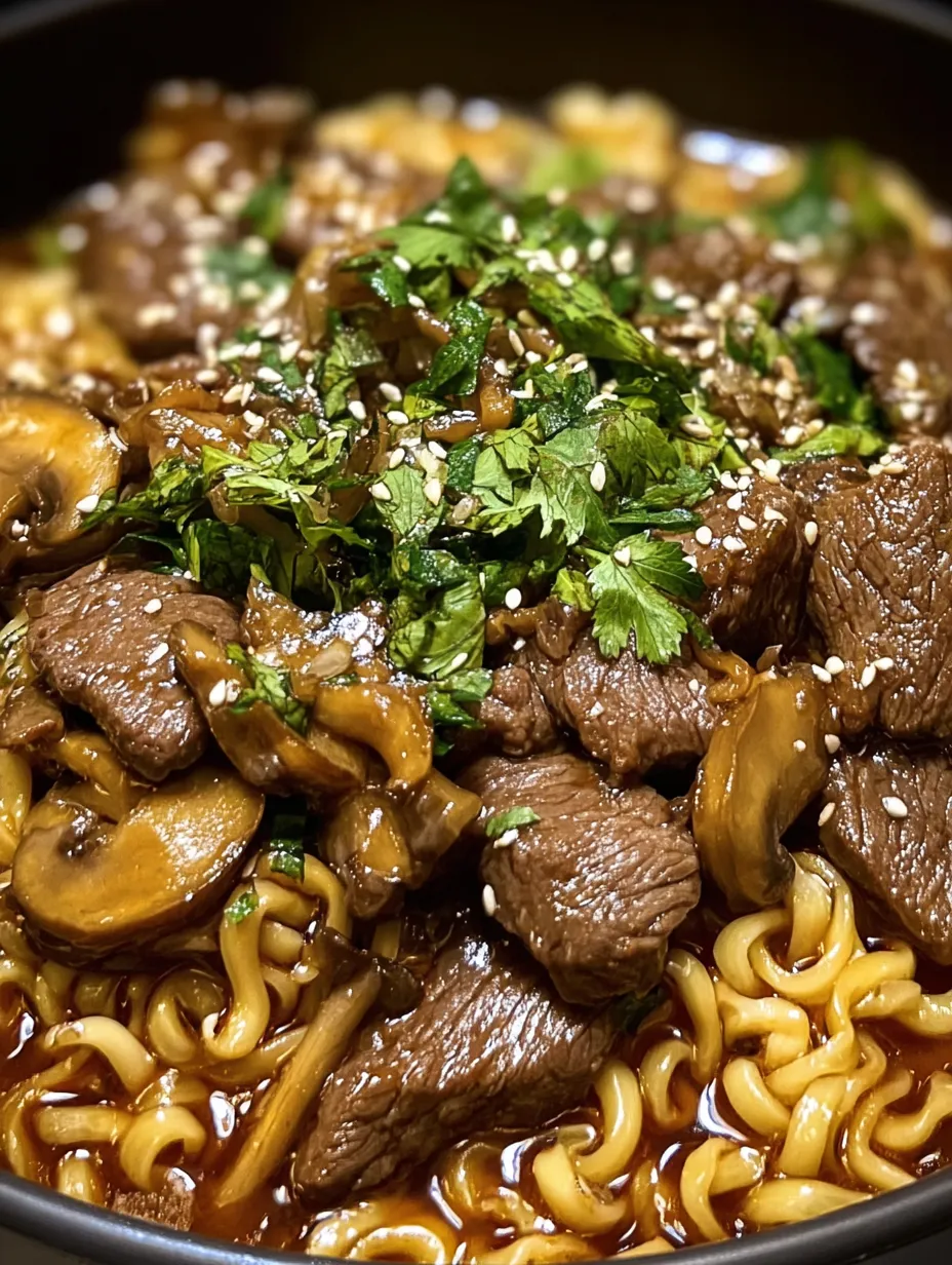 Un bol de nouilles accompagné de viande et de champignons.