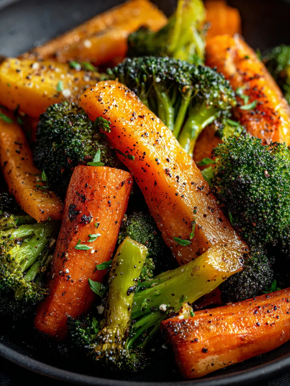 Gros plan sur une assiette de carottes et brocolis.