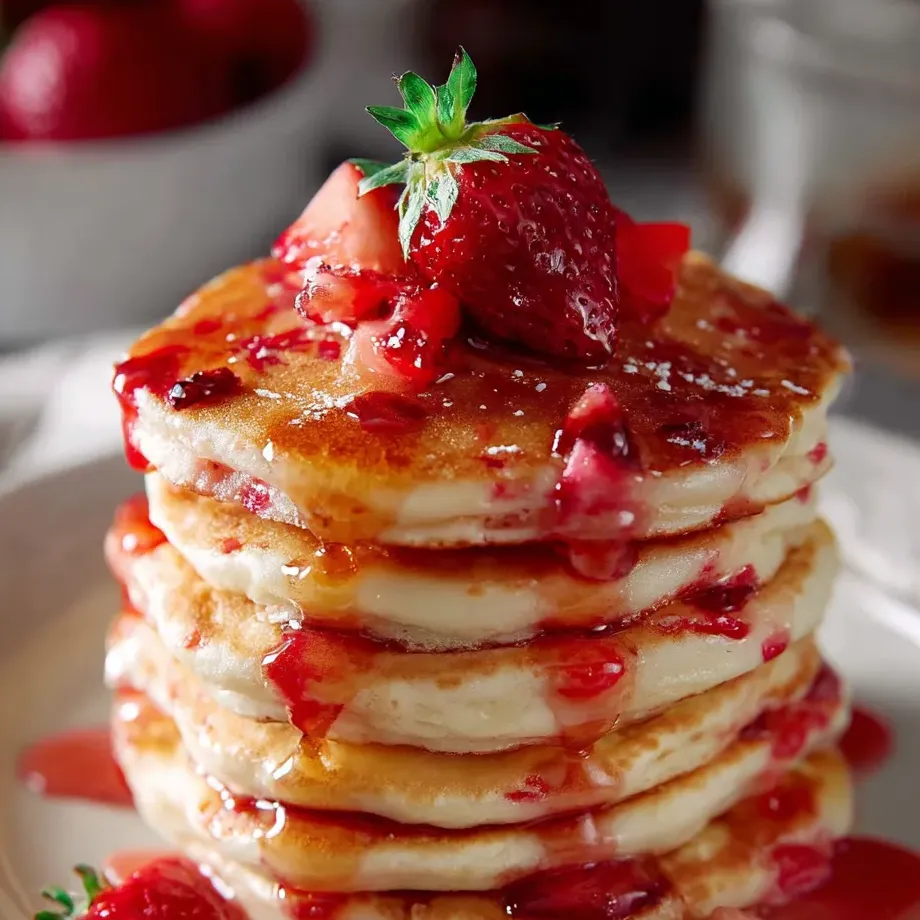 Une pile de pancakes garnie de fraises fraîches.
