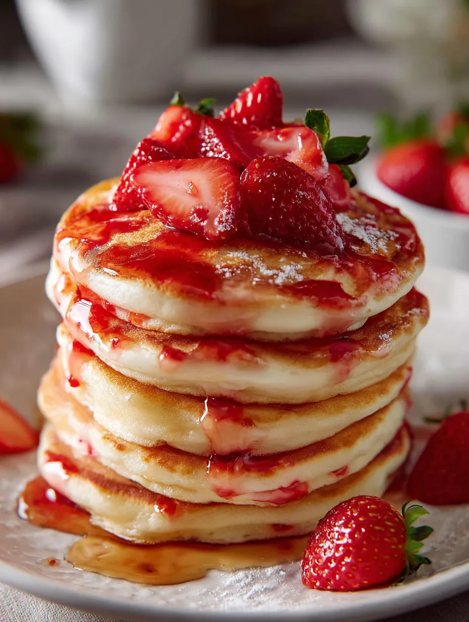 Une pile de pancakes garnis de fraises.