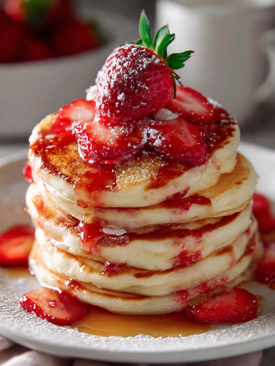 Une pile de pancakes garnis de fraises.