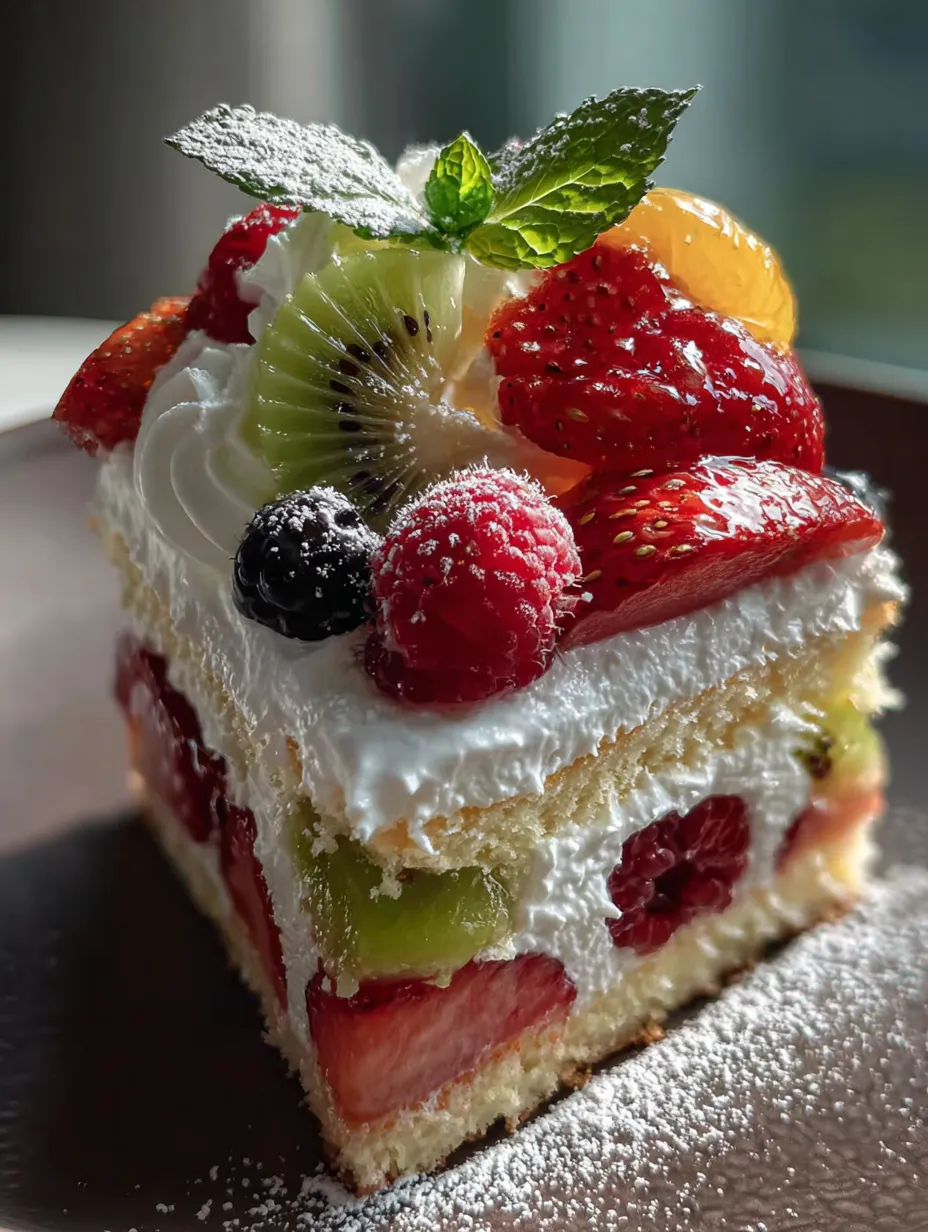 Une part de gâteau recouverte de fruits.