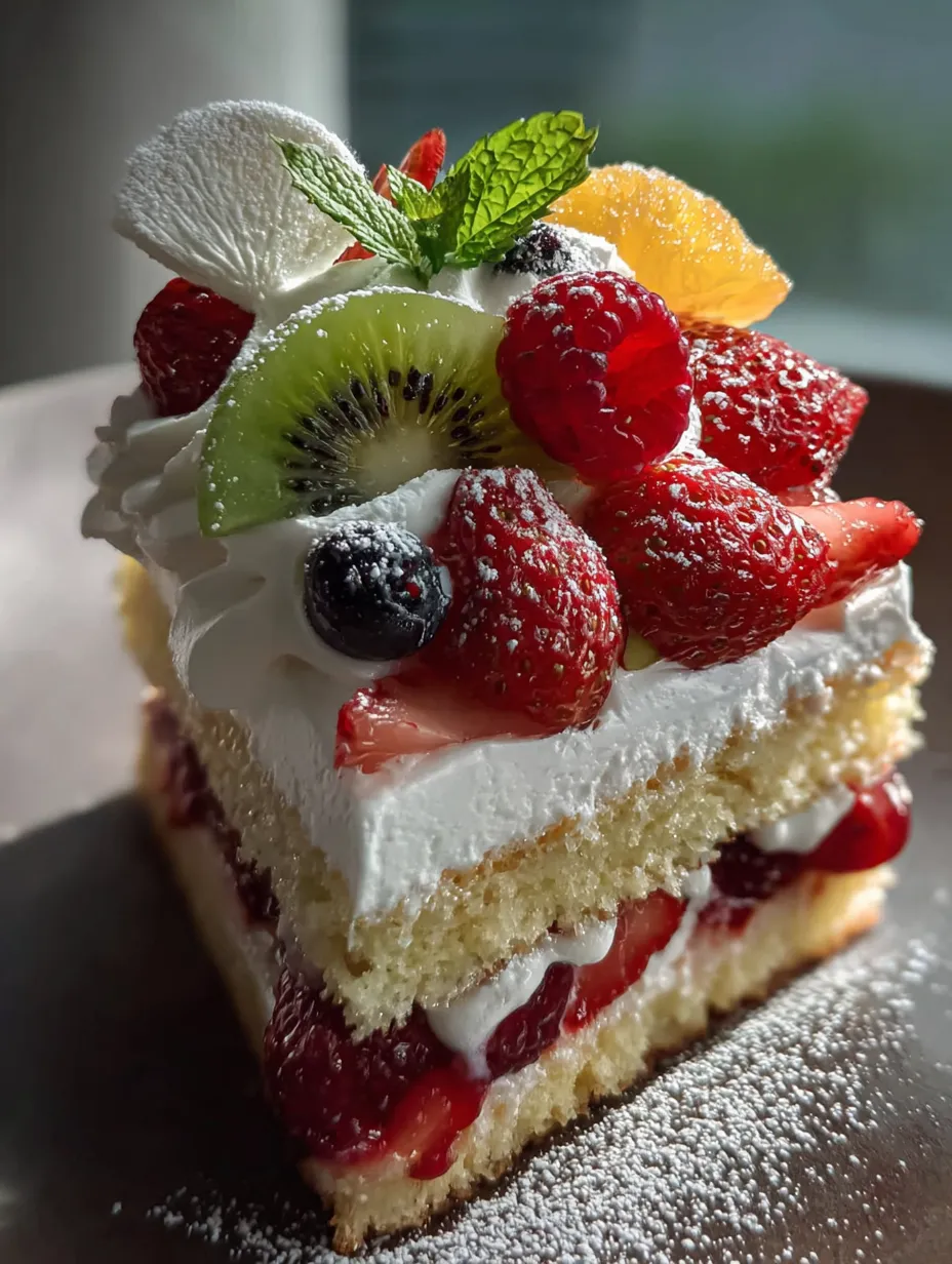 Une part de gâteau recouverte de fruits.