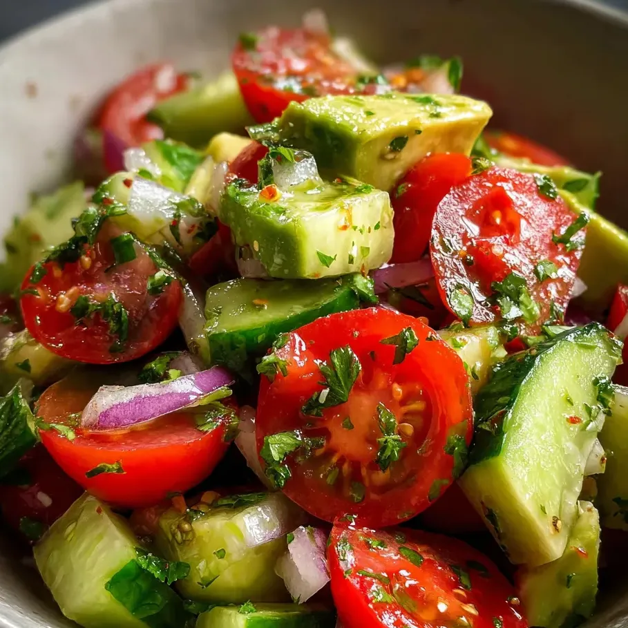 Une assiette de tomates, concombres, oignons et poivrons coupés.