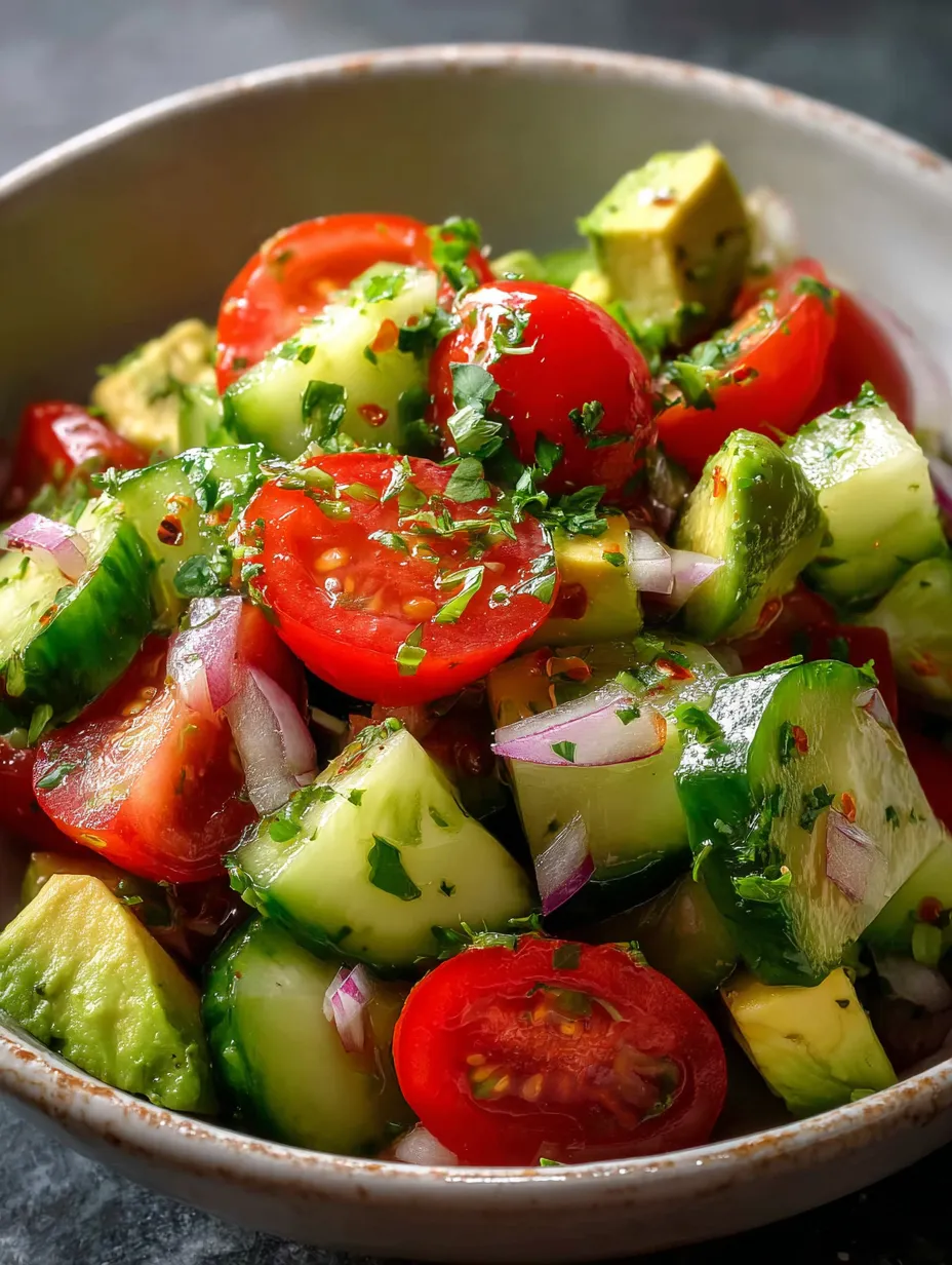 Un bol rempli de légumes colorés comme tomates, concombres et avocats.
