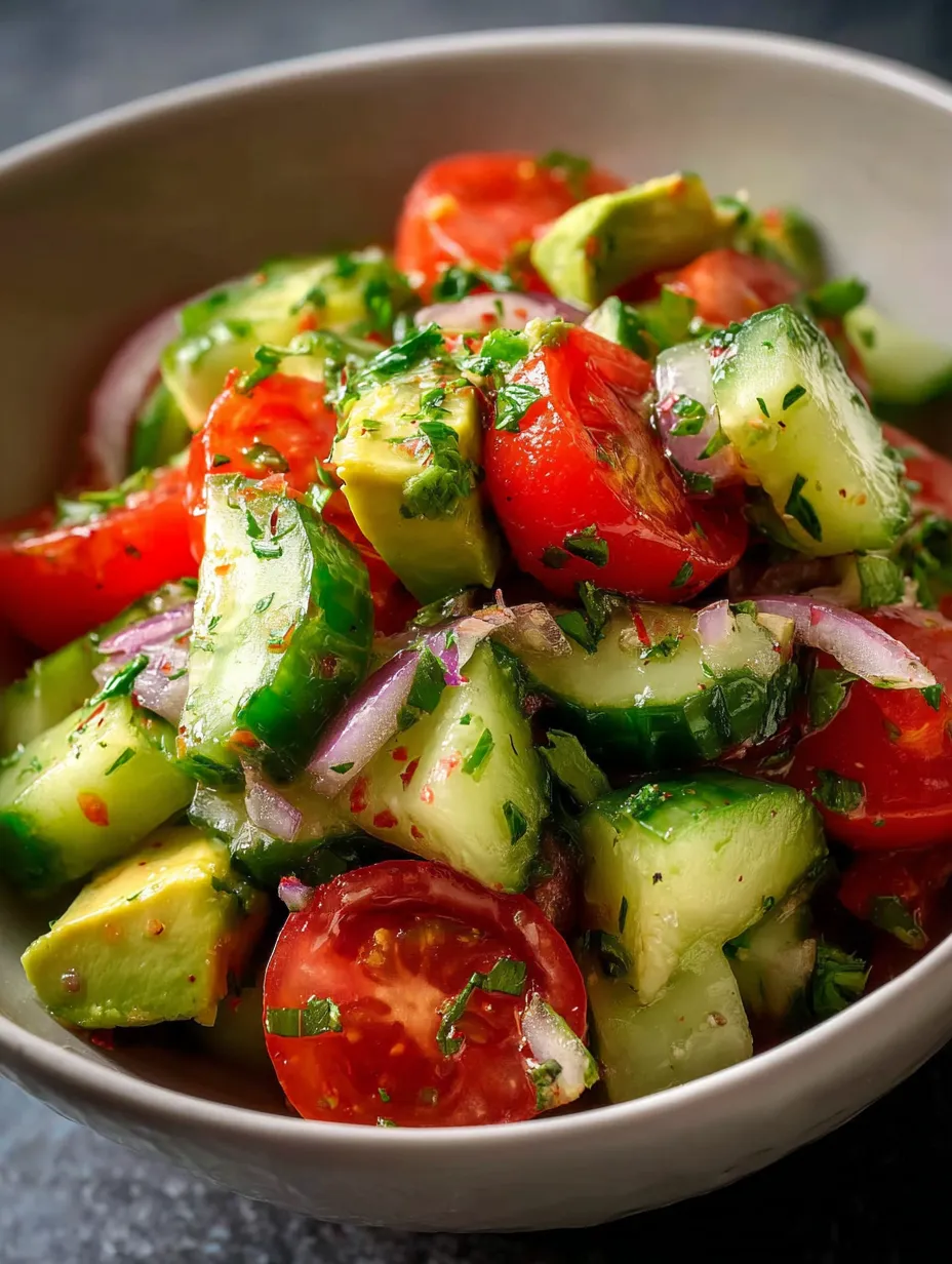 Un bol rempli de légumes colorés comme tomates, concombres et avocats.