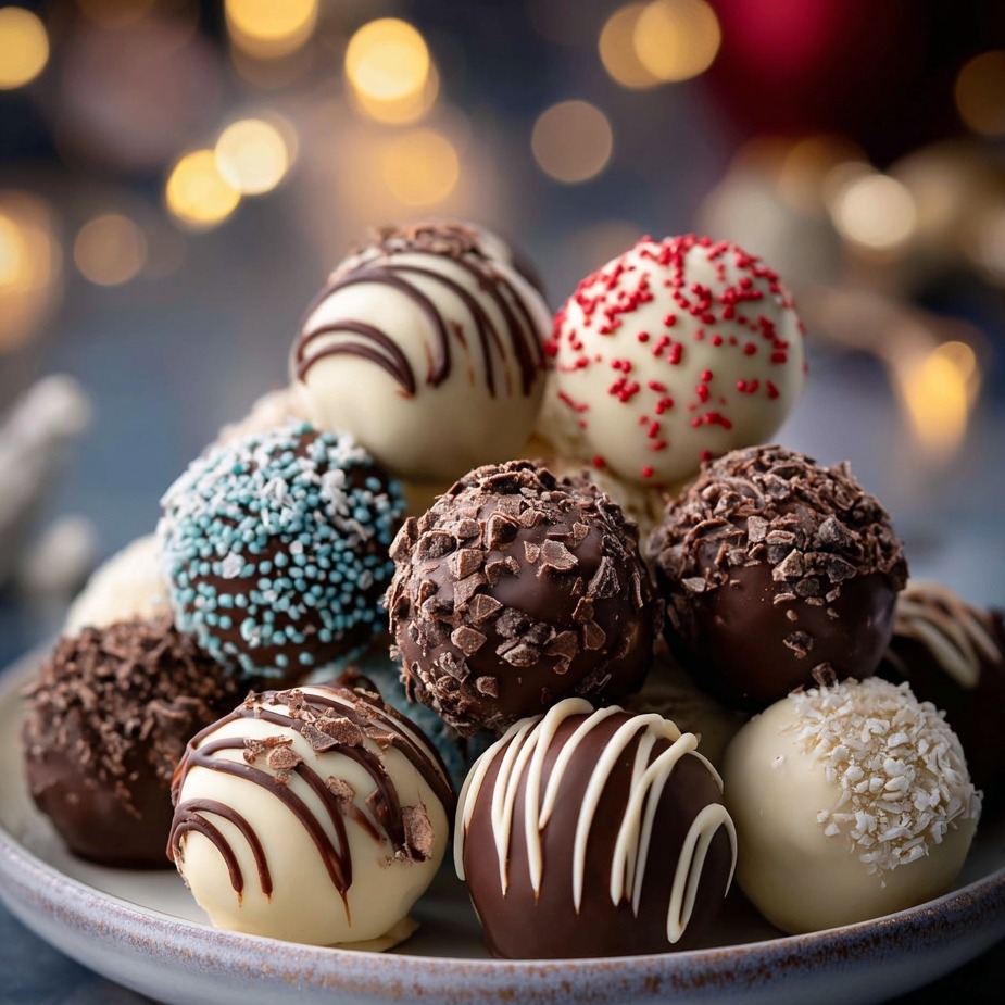 Assiette avec des boules au chocolat blanc et noir.