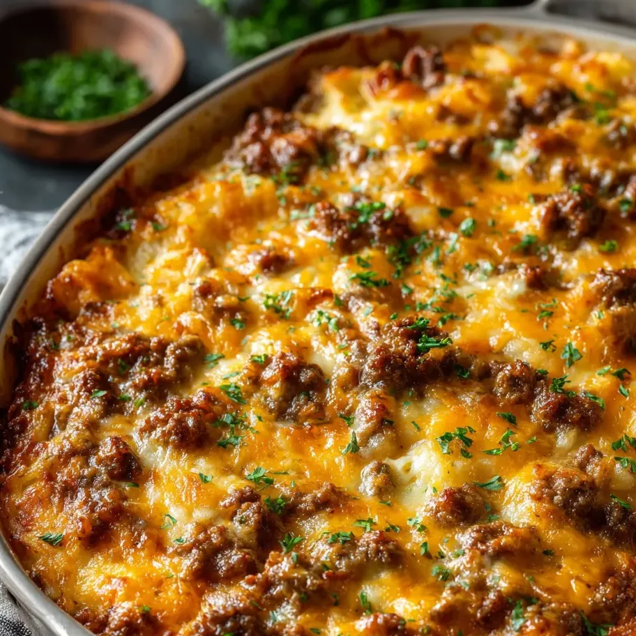 Un plat gratiné avec viande et fromage.