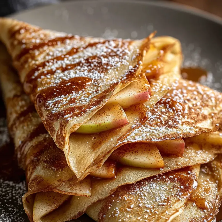 Un tas de crêpes aux pommes parsemées de sucre glace.