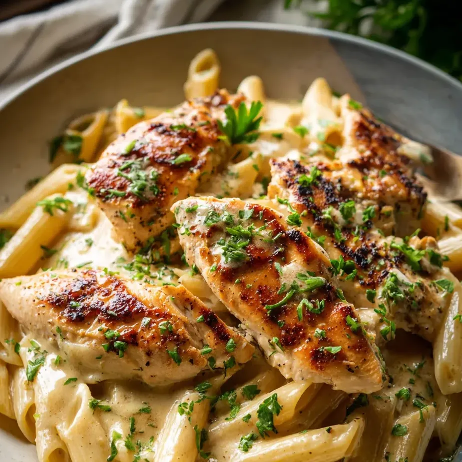 Une assiette de pâtes au poulet.