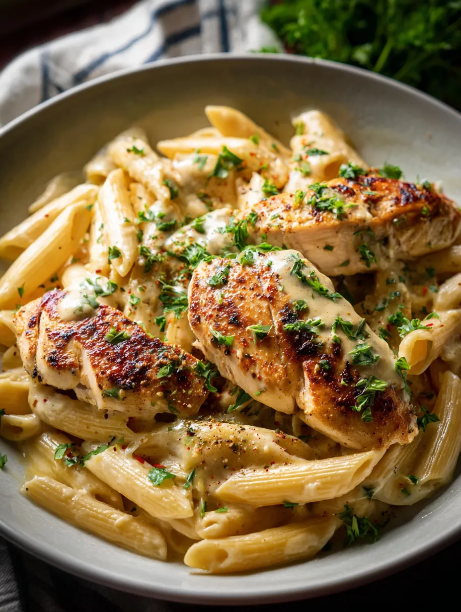 Un bol de pâtes au poulet et fromage.