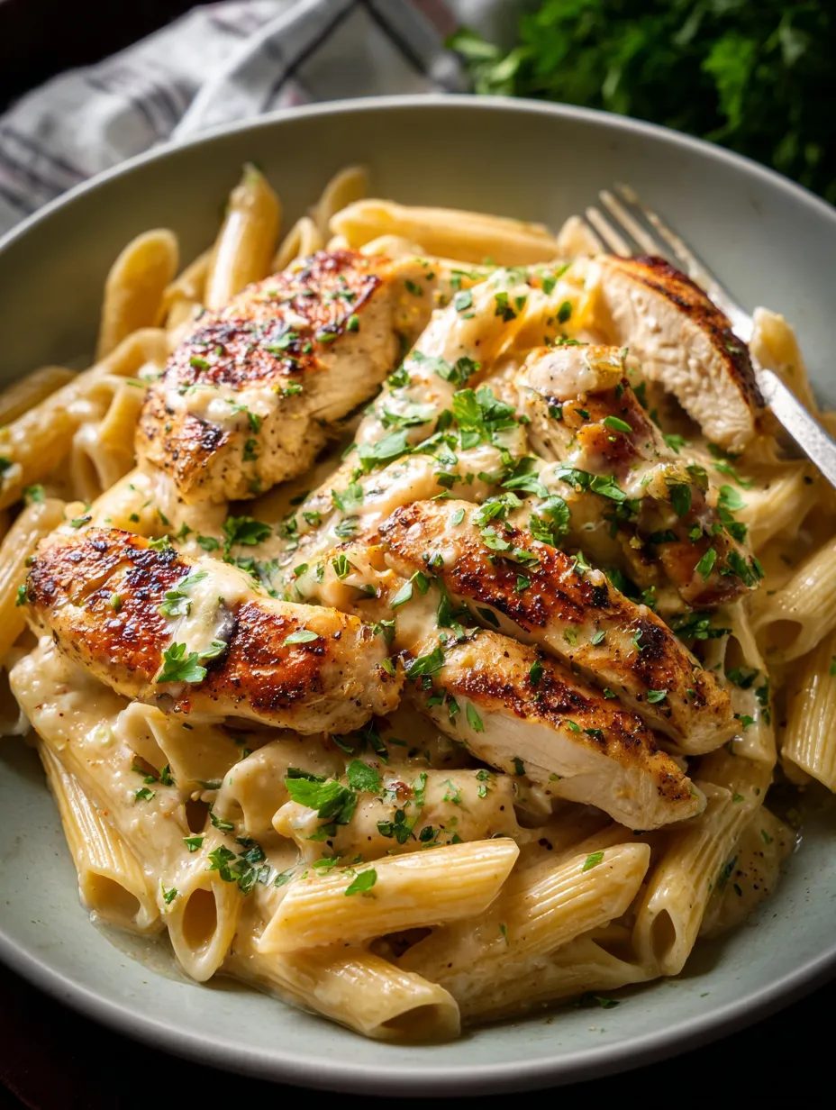Une assiette de pâtes au poulet et herbes fraîches.