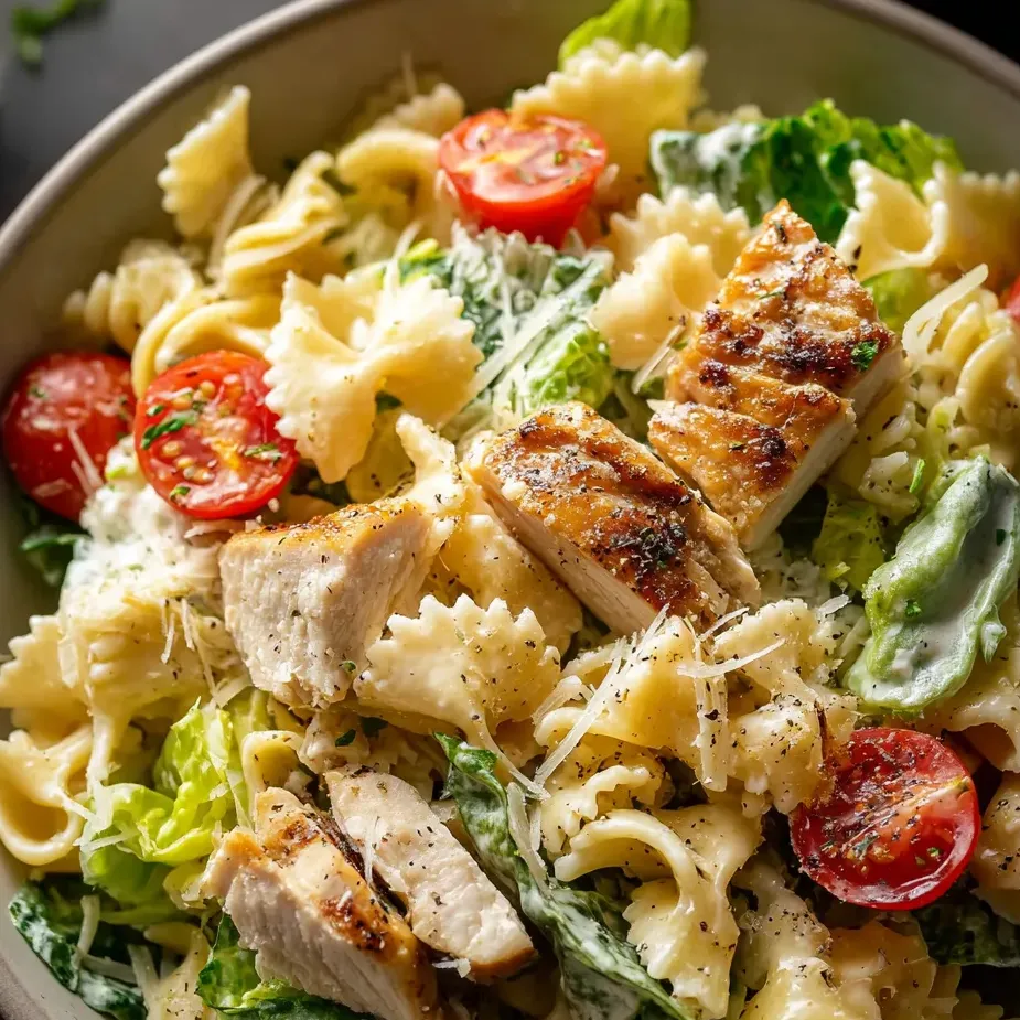 Un bol de pâtes au poulet avec des tomates.