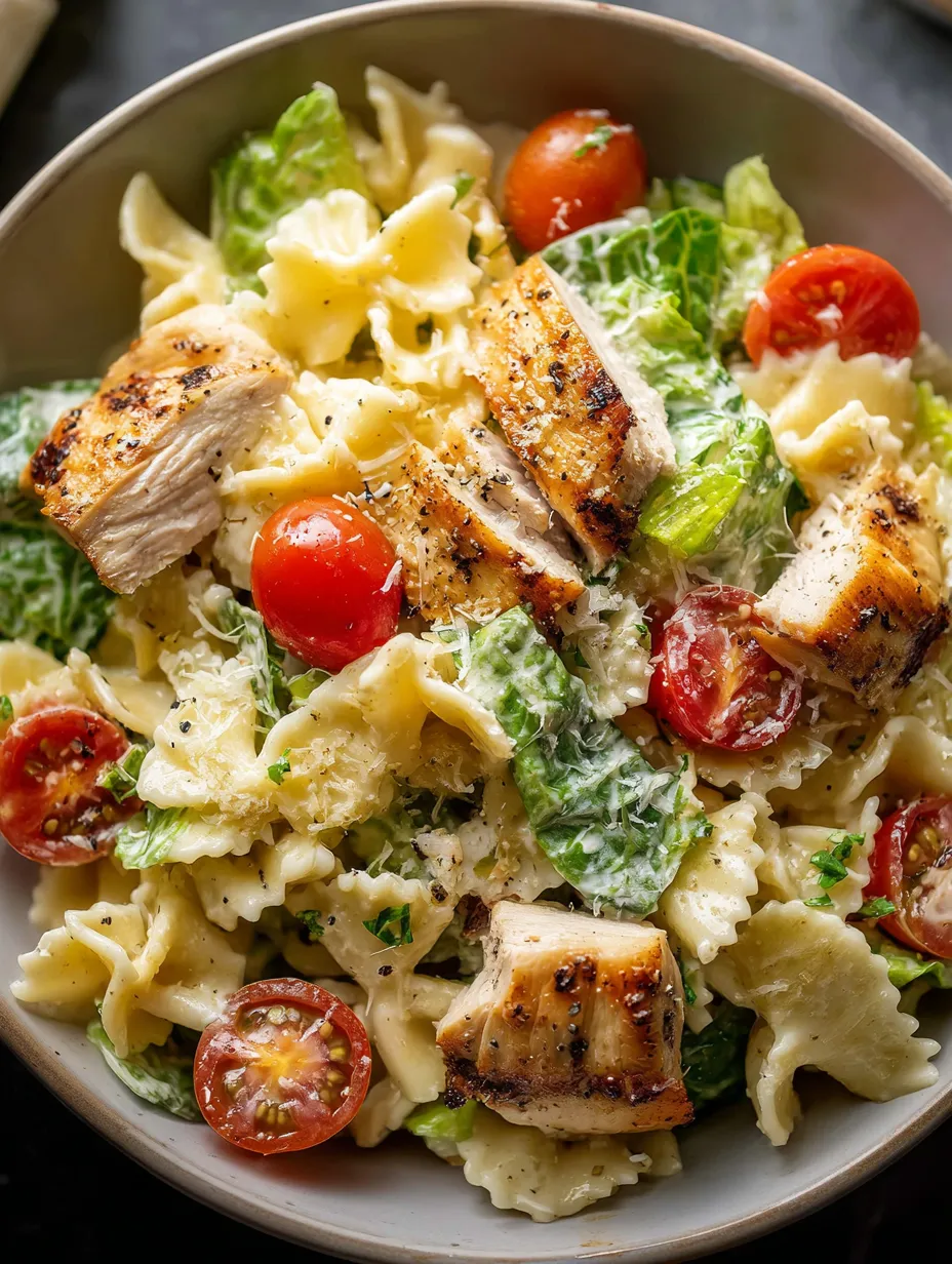 Un bol de pâtes avec du poulet et des tomates.