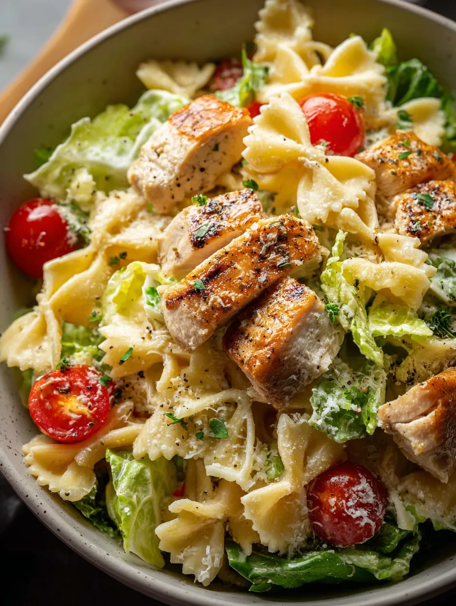 Un bol de pâtes avec du poulet et des tomates.