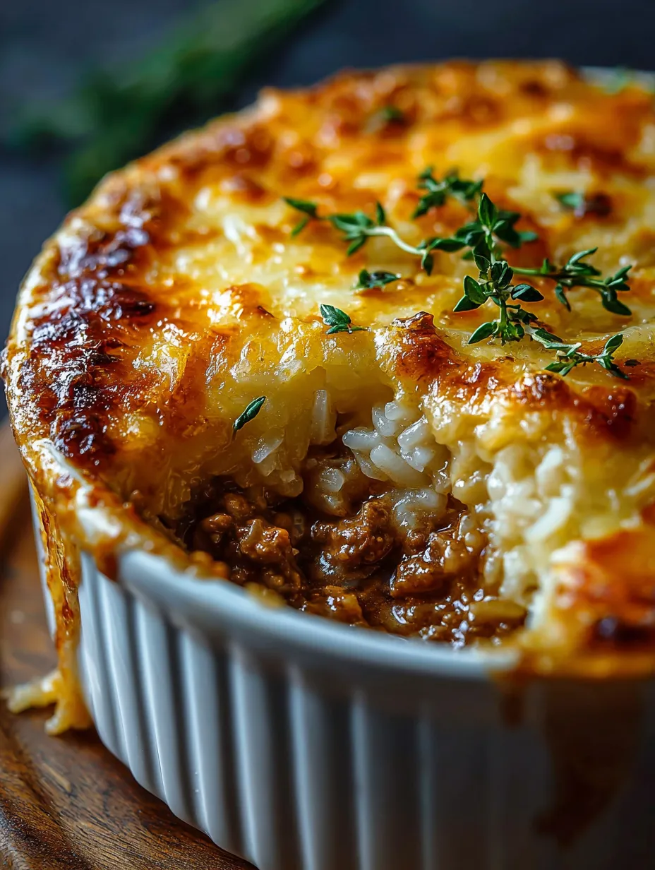 Un bol blanc rempli d’un gratin bien doré.